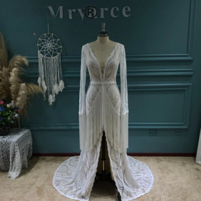 Boho A-Line Wedding Dresses Deep V-Neck Long Sleeves Lace Applique Bridal Gowns - Image 1 of 4