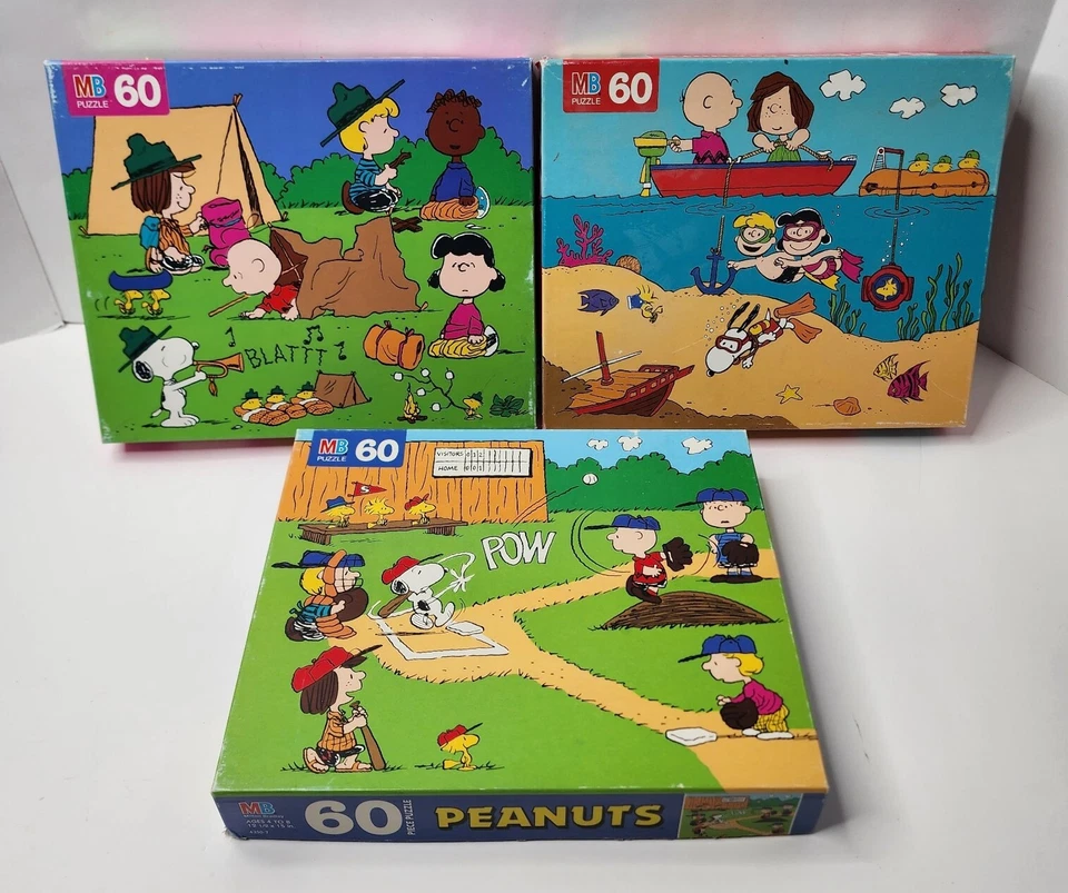 Lot of 3 Vtg. Milton Bradley Peanuts [Snoopy] 60 Piece Jigsaw Puzzles - Complete - Image 1 of 4