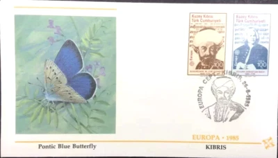 PONTIC BLUE BUTTERFLY TURKISH CYPRUS EUROPA 1985 FLEETWOOD CACHET FDC UNADDR - Image 1 of 2