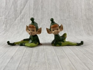 Japan Pixie Elf Christmas Figurines Vintage Ceramic Kitschy 1950s MCM Green - Picture 1 of 14