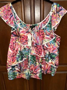 NWT J. CREW Pink Green Colorful Hawaiian Pineapple Tiered Ruffle Tropical Top 6 - Picture 1 of 10