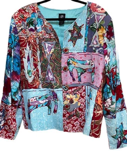 Vintage Women’s Jacket Elephant Flower Beads Patchwork Shirt Blouse Sz XL Kar-ma - Picture 1 of 12