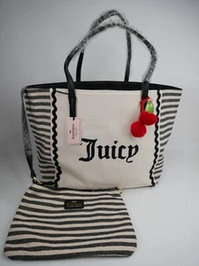 Juicy Couture Large Cabana Beach Tote Bag Purse Black Stripe Canvas & Pouch $110 - Picture 1 of 23