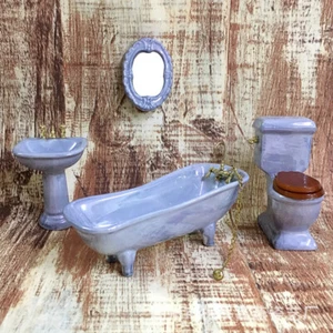 1:12 Dollhouse miniature blue porcelain bathroom set toilet basin bathtu YK - Picture 1 of 11