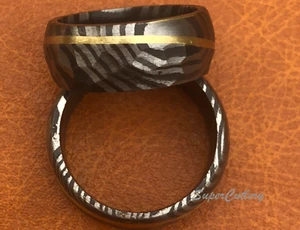 Custom 9MM Wide Damascus Steel Wedding Band Brass Slanted Line Hammered Design - Picture 1 of 4