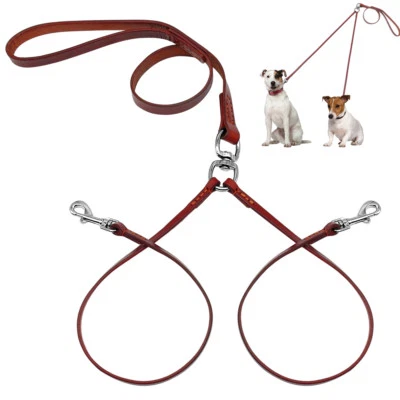 Leather 2 Way Dog Coupler Twin Leash Pet Double Leads for Two Twin Dogs Walking - Image 1 of 4
