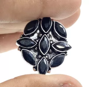 925 Sterling Silver Marquise Black Spinel Handmade Floral Adjustable Band Ring - Picture 1 of 4