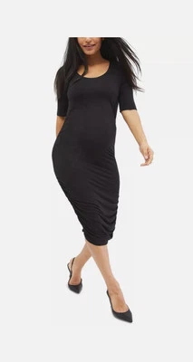 Motherhood Maternity Black Scoop Neck Short Sleeve Bodycon Dress Side Ruched Med - Image 1 of 4