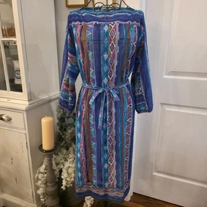 BOBBY'S GIRL 70s Belted Dress Sz 12 Blue Aztec Stripe Boho Southwestern Retro - Picture 1 of 9
