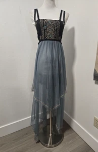 FREE PEOPLE INTIMATELY BLACK/GOLD EMBELLISHED TOP AQUA MESH NET ASYMMETRIC DRESS - Picture 1 of 8