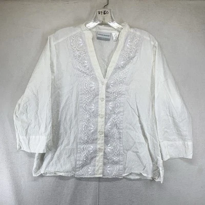 Eileen Fisher Top Women 10P White Textured Embellished Sheer Peasant 100% Cotton - Image 1 of 4
