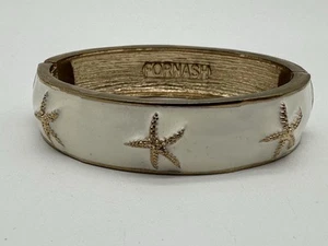 Fornash Goldtone White Starfish Enamel Hinged Bangle Bracelet - Picture 1 of 9