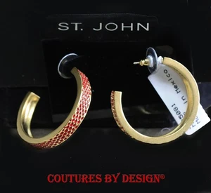 St John Knits Gold w/ red enamel push post semi-hoop earrings NWT MSRP $ 170 - Picture 1 of 4