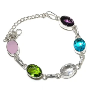 Peridot, Amethyst Gemstone Handmade 925 Sterling Silver Bracelet 7-8" - Picture 1 of 3