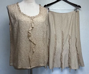ESCADA Tweed Wool A-line Skirt & Silk Top Suit Set Sz 42 12 Beige White Flared - Picture 1 of 18