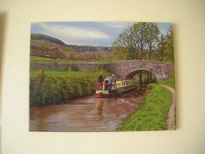 Kahn auf Brecon Kanal Öl auf Leinwand 16cm x 12cm x 1cm - Bild 1 von 2