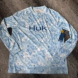 HUK Men's Pursuit Crew Long Sleeve Sun Protecting Fishing Shirt Medium NWT BLUE - Picture 1 of 5