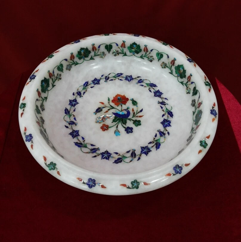 12" Weiße Marmor Obstschale Mit Halbedelstein Einlage Kunst Wohnkultur Geschenk - Bild 1 von 1