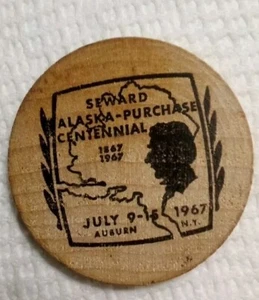Vintage Wooden Nickel Seward Alaska Purchase Centennial 1967 Map of Alaska M6 - Bild 1 von 3