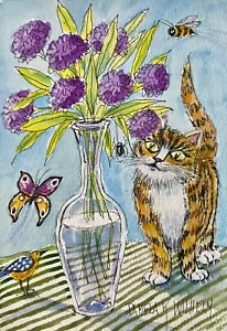 Pamela Wilhelm Watercolor 5”x7” Original Painting Tiger Cat Butterfly Bee Bird - Picture 1 of 2