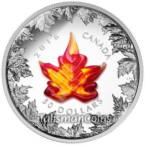 Canada 2016 Murano GLASS MAPLE LEAF Autumn Radiance $50 5 Oz Pure Silver Proof - Picture 1 of 3