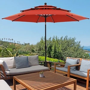 10ft Patio Umbrella 3-Tiers Outdoor Market Umbrella with Auto Tilt for Pool Yard - Picture 1 of 8