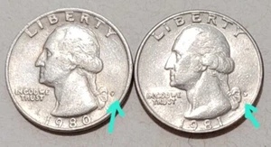 1980 P & 1981 D Washington Quarters, Filled In Mint Marks - Bild 1 von 4