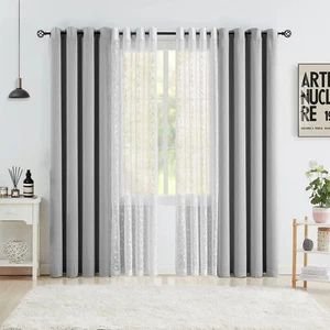 Grau Mix Passende Gardine Set Blatt Transparente Spitze 2 Paneele & 2 Vollverdunkelungsvorhänge - Bild 1 von 7