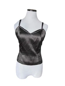 Vintage Y2K Satin Strassbesatz Korsett Cami Top Gr. S schwarz Whimsygoth Glam - Bild 1 von 10