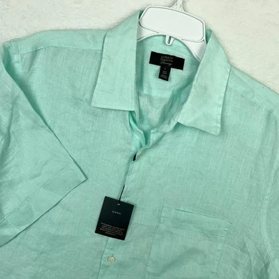 Club Room Green Linen Button Up Shirt Mens Large New Short Sleeve Pocket Luxury - Image 1 of 4
