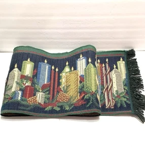 Vintage Weihnachten Kerze Wandteppich Tischläufer mit grünen Fransen lang 68" x 12" - Bild 1 von 7