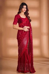 Valentine Special Red Sequins Embroidered Georgette Party Wear Saree For Women - Picture 1 of 7