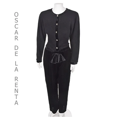 OSCAR de la RENTA for SWIRL 1970s Black Angora Knit & Velvet Jumpsuit SZ 2-4 - Image 1 of 4