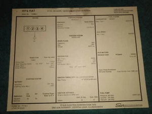 1976 FIAT X 1/9 & 128 79 I-4 ENGINE SUN TUNE-UP CHART USEFUL 1290cc INFORMATION - Picture 1 of 2