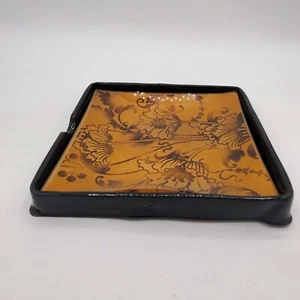 Vintage Japanese Tea Ceremony Plate 5.9" Square Floral Painted Glass with Holder - Picture 1 of 5