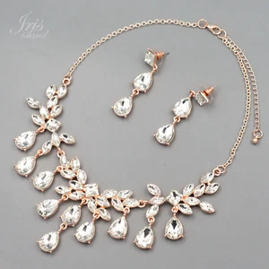 Gorgeous ROSE Gold Plated Clear Crystal Necklace Earrings Wedding Jewelry Set 86 - Picture 1 of 8