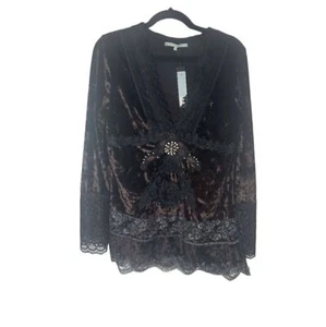 NUEVA Blusa Top Passion Concept Vintage Y2K Terciopelo Marrón Encaje Borde Talla L - Imagen 1 de 10