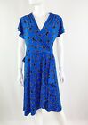 Vicky Tiel Royal Blue Floral Leaf Print Short Sleeve Midi Wrap Dress Size M
