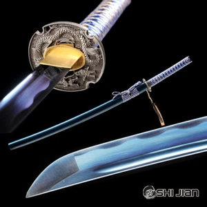 Elegante Espada Azul Japonesa Samurai Katana Real Afilada Full Tang Dragón Tsuba - Imagen 1 de 12