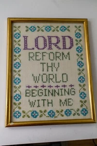 Vintage framed 10x12 cross stitch Lord reform thy world beginning with me god - Picture 1 of 6