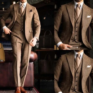 Men's Suit Brown Tweed Vintage Check Party Groom Tuxedo Wedding Prom 3 Piece - Picture 1 of 11
