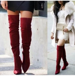 Zara Burgundy Red Suede Over The Knee Kitten Boots Womens 6.5 Faux Suede NWT - Picture 1 of 15
