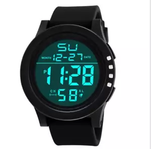 Men Women Digital Quartz Watches Black Silicone Band LED Waterproof Wristwatches - Picture 1 of 1