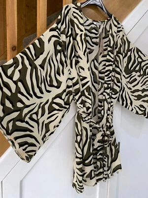 TU Size 12 Beige & Khaki Green Animal Print Short Kimono Robe Long Flared Sleeve - Image 1 of 4