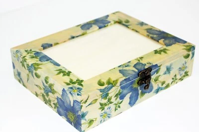 Wood handmade storage/trinket box/flexible compartments Photo lid Blue Flowers - Image 1 of 4