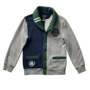 Polo Ralph Lauren Boys Grey Colorblock Football Patch Cardigan Sweater Size 7 - Picture 1 of 8