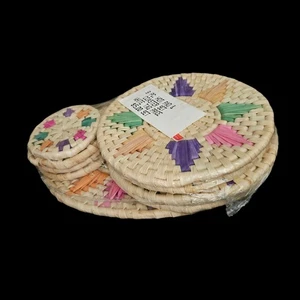 Vintage Woven Straw 9 Pc Coaster Hot Pad Set Multicolor Handcrafted Boho Kitchen - Picture 1 of 3