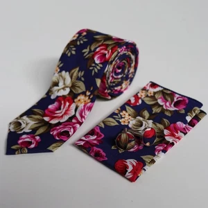 Juego de corbata de algodón floral azul marino vintage de alta calidad cuadrado de bolsillo y gemelos para boda - Imagen 1 de 5