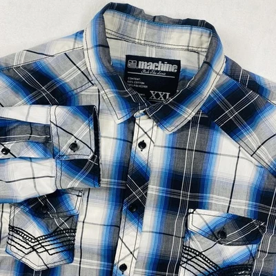 Machine Shirt Mens 2XL Blue Black Plaid Western Cowboy Casual Long Sleeve Pocket - Image 1 of 4