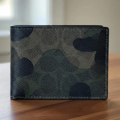 Coach Slim Billfold Wallet Camo Green Signature Canvas Leather Mens CZ263 - Image 1 of 4